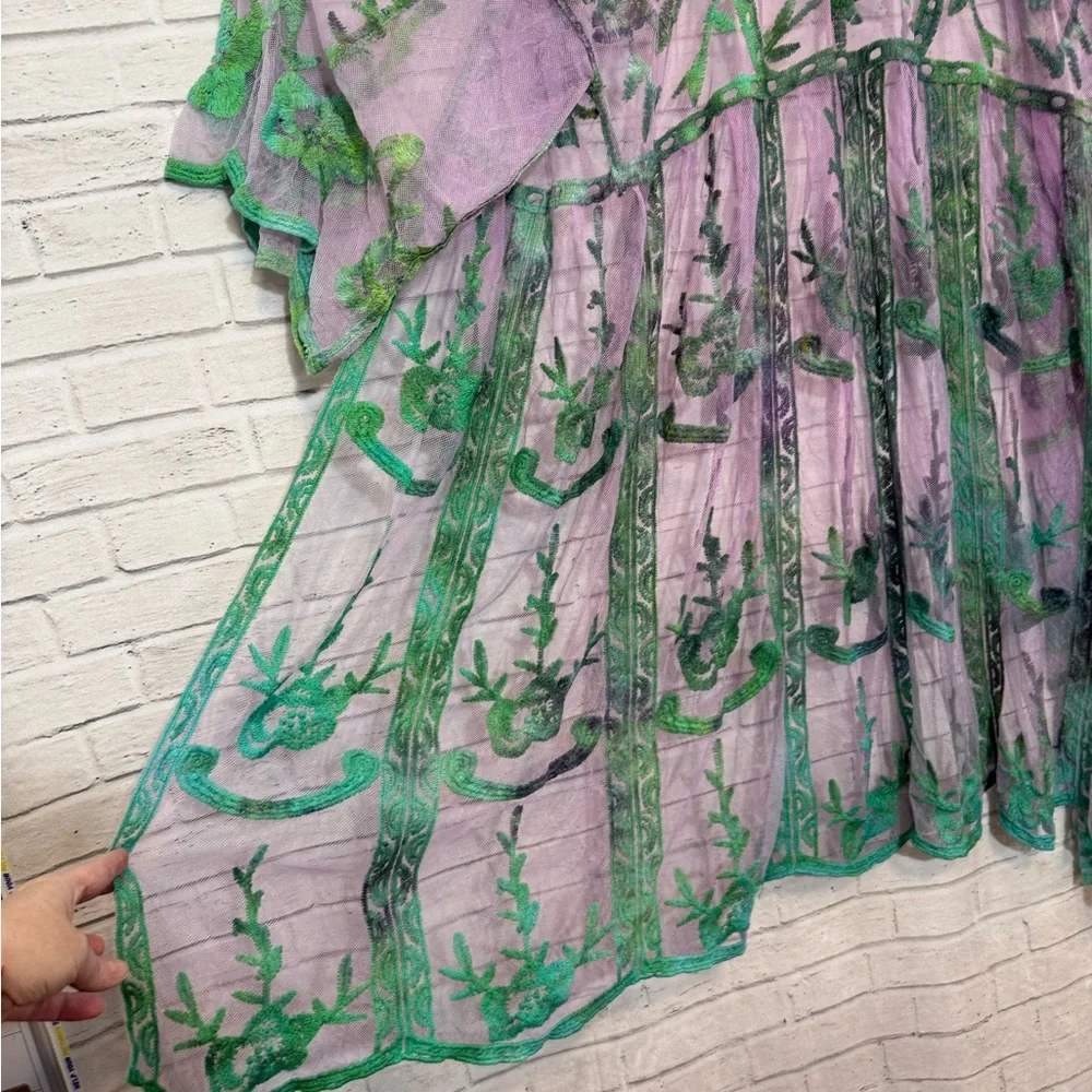 Sheer Lilac & Green Ice Dye Floral Kimono with Green Embroidery